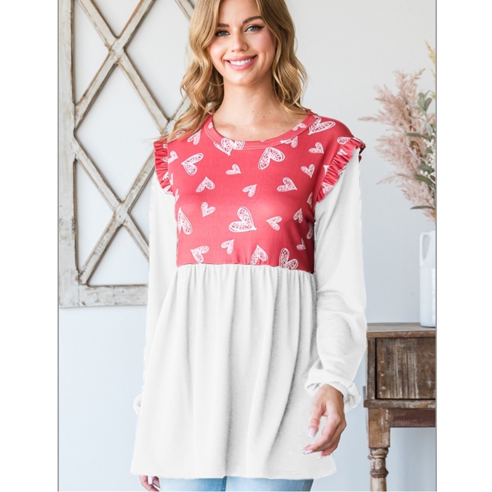 Chic Nation Red and White Heart Long Sleeve Top